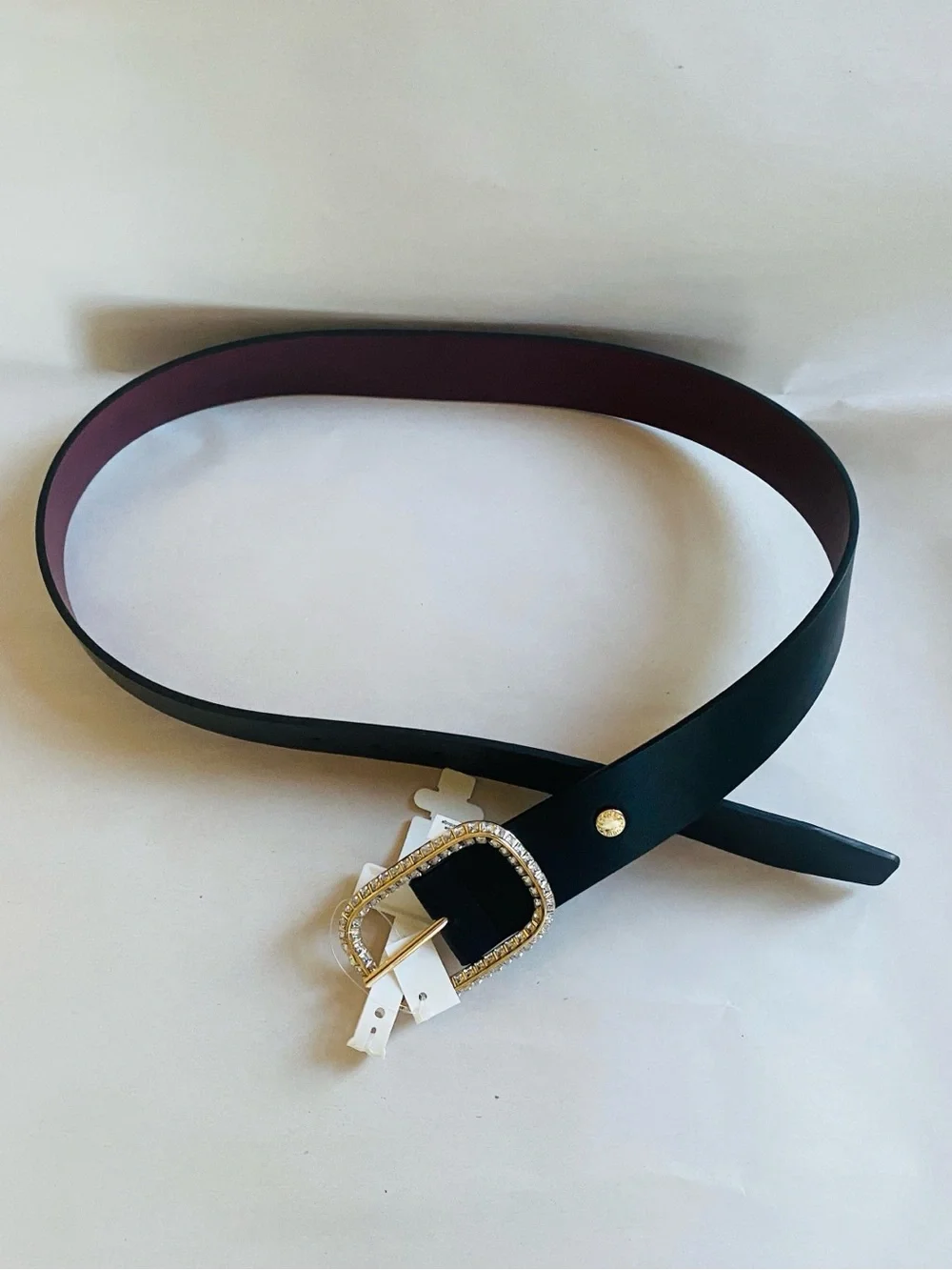 Steve Madden Black/Burgandy Reversible Belt with Rhinestone Oval Buckle